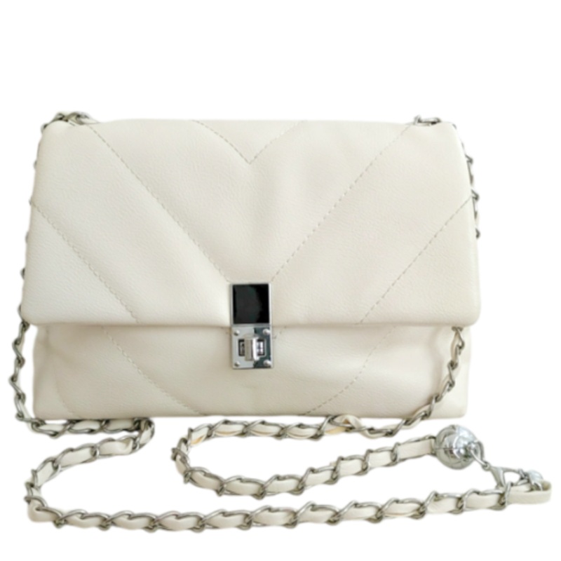 Womens Elegant Quilted Shoulder Bag With Chain Strap  Cream
