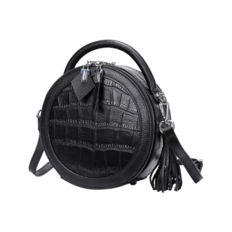 Womens Genuine Leather Circular Crossbody Round Hand Bag  Black