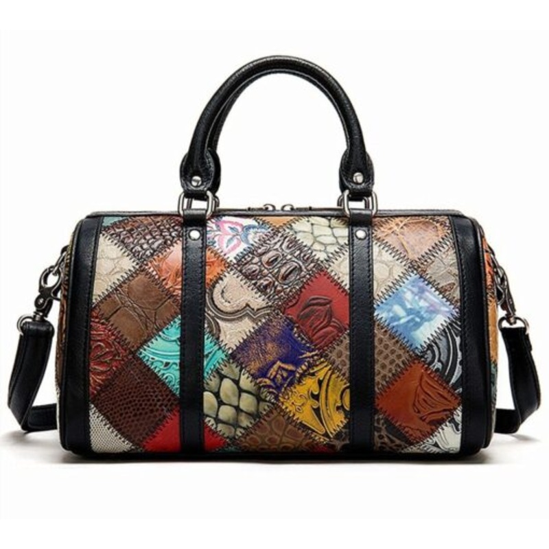 Womens Genuine Leather Cowhide Retro Style Stitching Hand Shoulder Bag