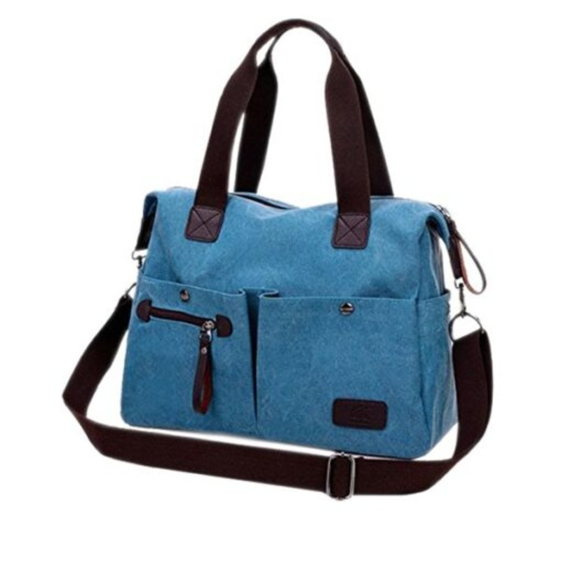 Womens Multi Pocket Canvas Shoulder Bag  Blue