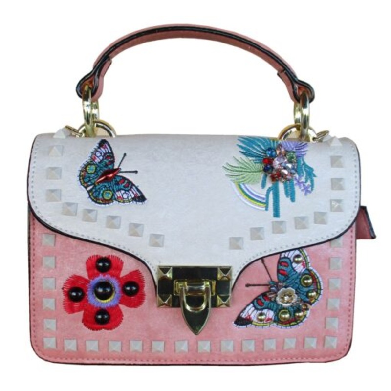 Womens Pink & White Embroidered Handbag with ButterflyFloral & Top Handle