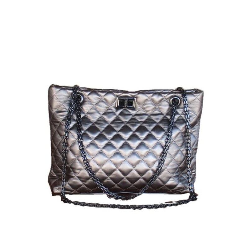 Womens Quilted Metallic Shoulder Bag with Chain Strap & Turn-Lock Closure