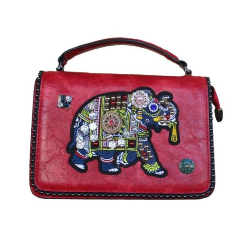 Womens Red Bohemian Elephant Handbag  Imitation Leather  Adjustable Strap