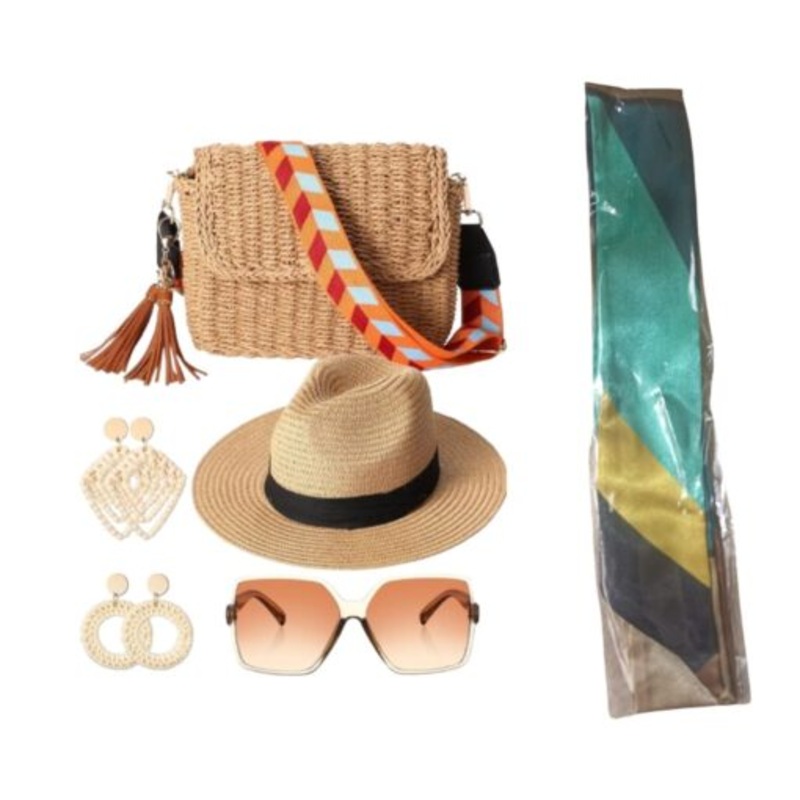 Womens Straw Tote Bag Summer Straw Beach Bag Straw Sun Hat Earrings Glasses