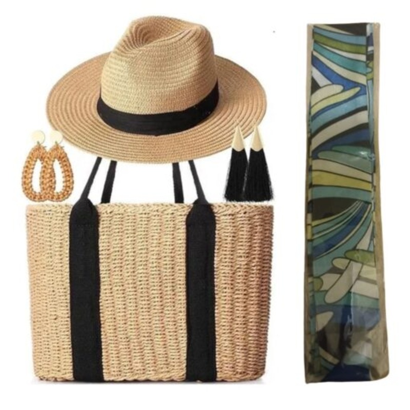 Womens Straw Tote Bag Summer Straw Beach Bag Straw Sun Hat Woven Earrings