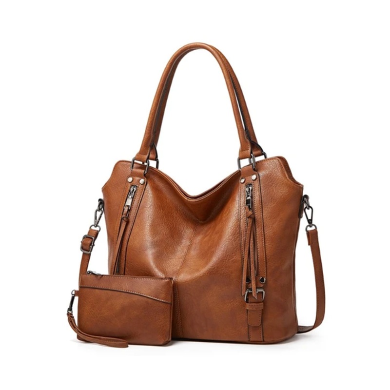 Womens Tan PU Leather Tote Bag and Purse Set