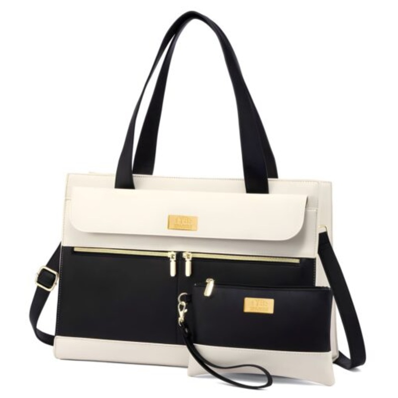 YB Sparkle  2-Piece Luxury PU Leather 15.6-Inch Laptop Ladies Tote Bag  White & Black