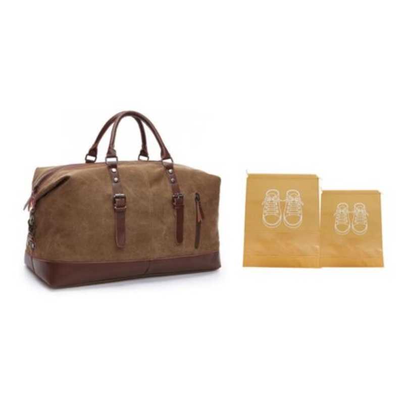 Webuy Canvas Duffel Shoulder Weekender Overnight Bag With Shoe Bags  Brown