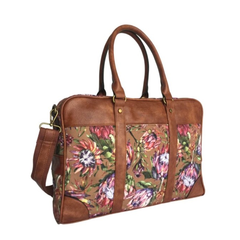 Women Protea Floral Canvas Laptop Bag  Brown