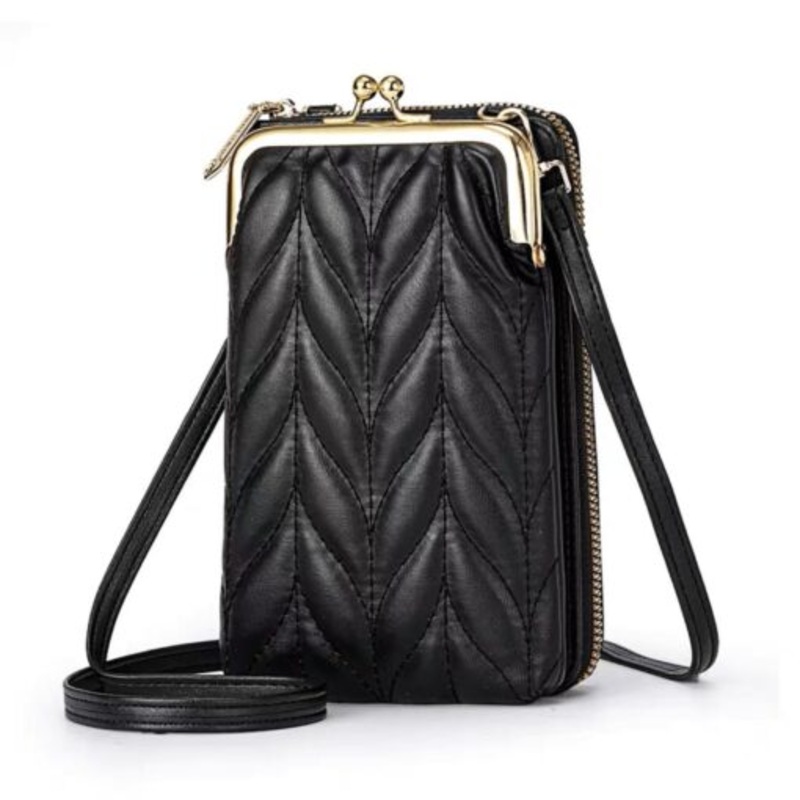 Women Sling Purse PU Leather Crossbody Phone Pouch with 2 Layer Zippers  Black