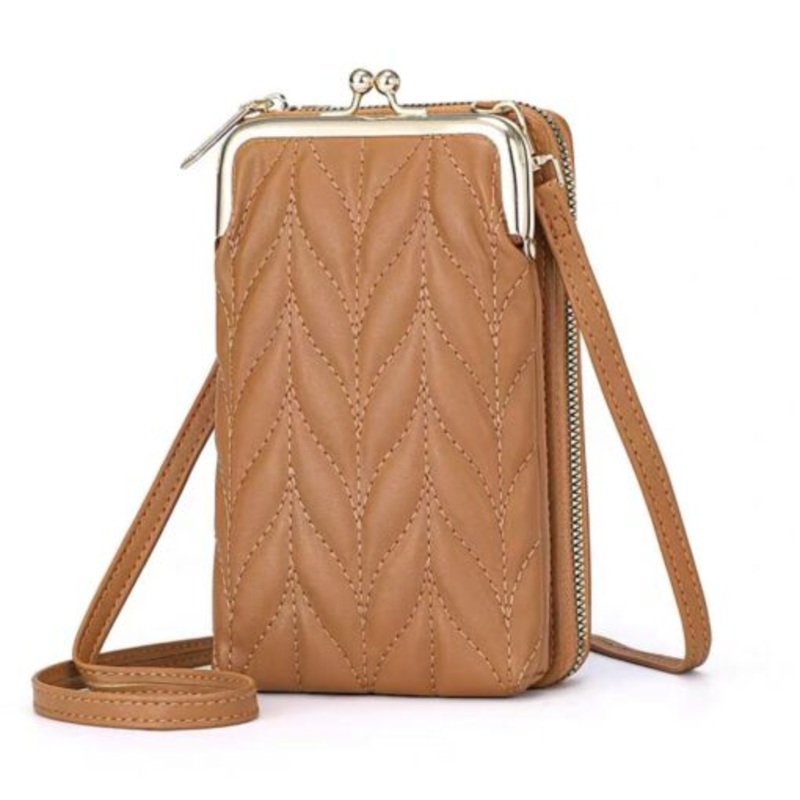 Women Sling Purse PU Leather Crossbody Phone Pouch with 2 Layer Zippers  Brown