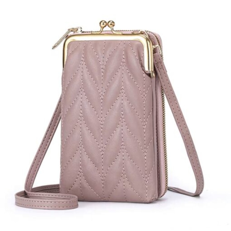 Women Sling Purse PU Leather Crossbody Phone Pouch with 2 Layer Zippers  Pink