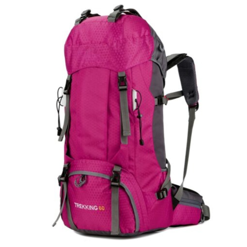 Water Resistant Mountain Hiking Camping Backpack with Rain Cover  60L  rose red