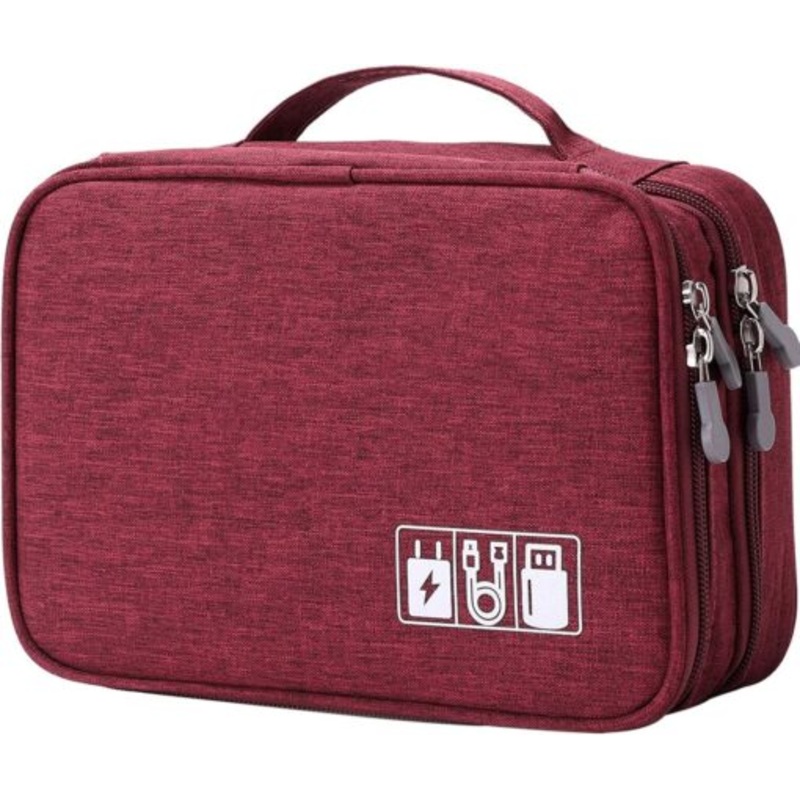 Waterproof Double Layer Electronics Cable Tablet Travel Organizer Bag  Red
