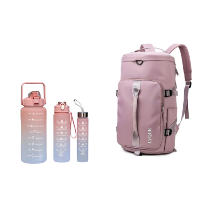 Waterproof Duffle Backpack Gym Travel Bag with 3 Piece Bottle  Dusty Pink