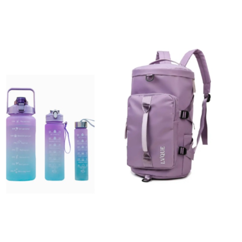 Waterproof Duffle Backpack Gym Travel Bag with 3 Piece Bottle  Light Purple