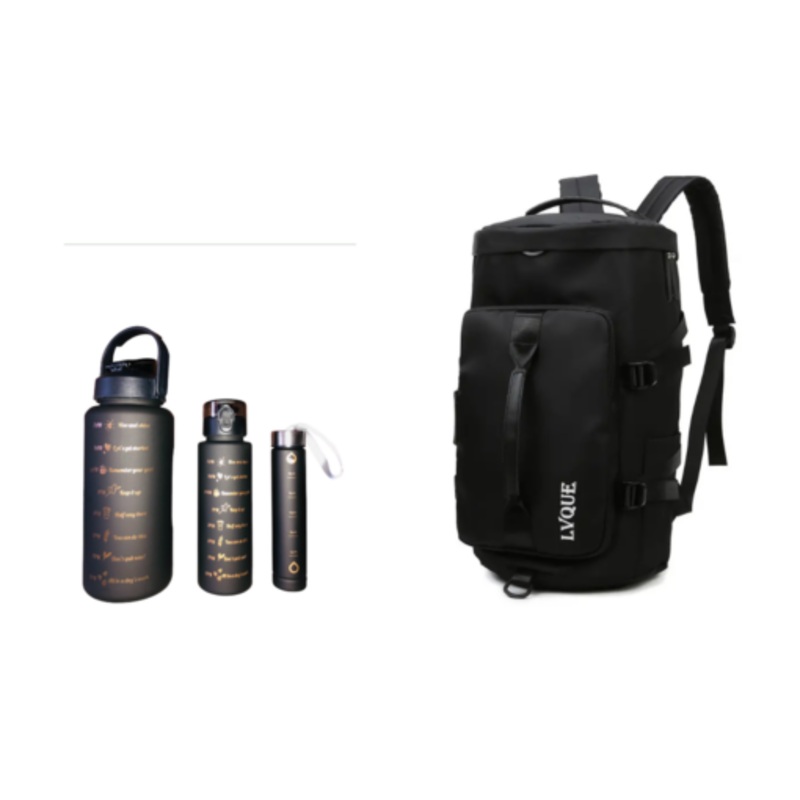 Waterproof Duffle Backpack Gym Travel Bag with 3 Piece Bottle  Midnight Black