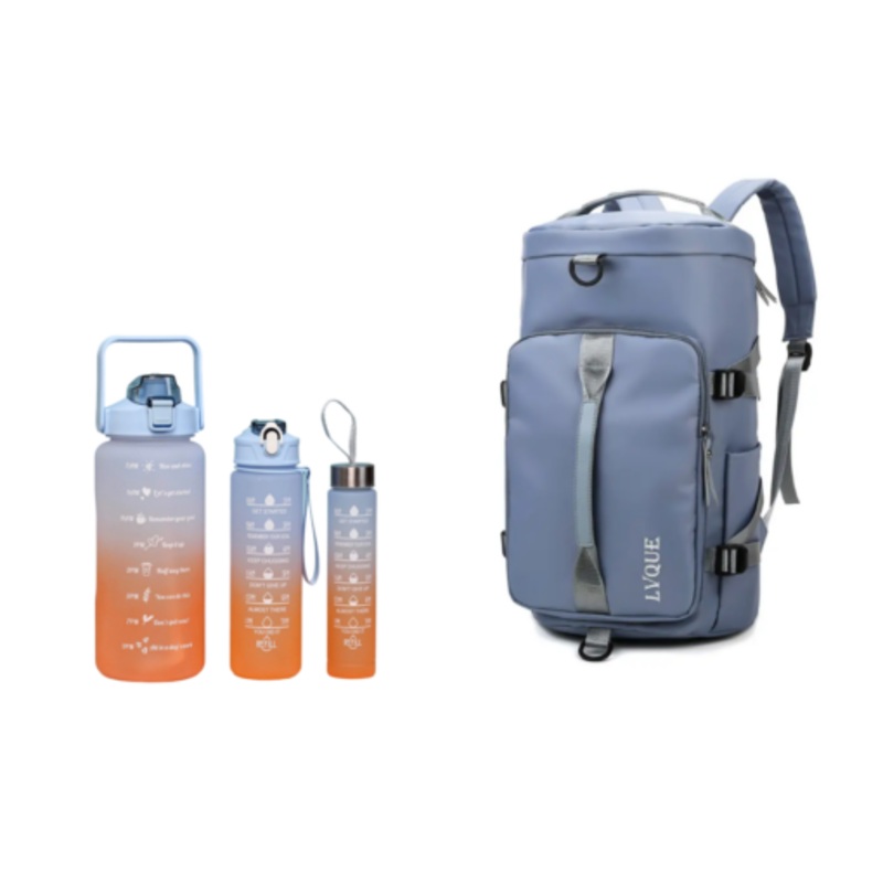 Waterproof Duffle Backpack Gym Travel Bag with 3 Piece Bottle  Ocean Blue