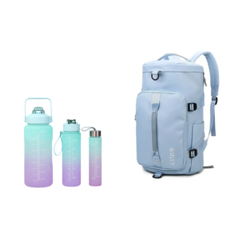 Waterproof Duffle Backpack Gym Travel Bag with 3 Piece Bottle  Sky Blue