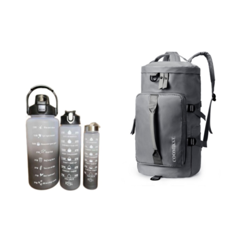 Waterproof Duffle Backpack Gym Travel Bag with 3 Piece Bottle  Sliver Grey