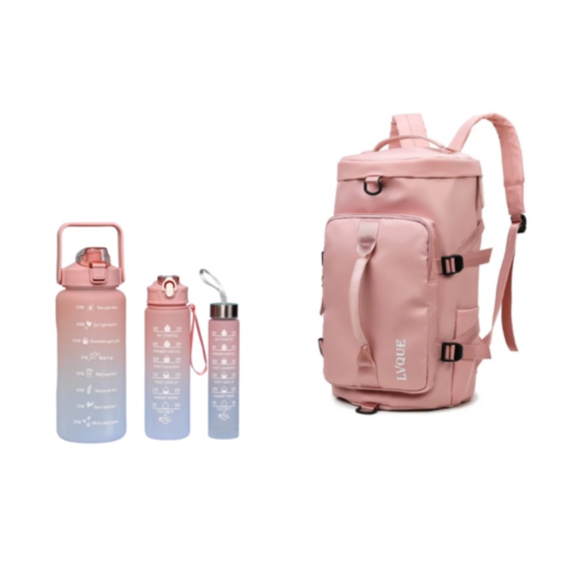 Waterproof Duffle Backpack Gym Travel Bag with 3 Piece Bottle  Sweet Pink