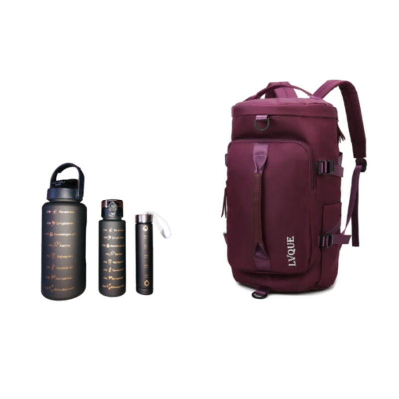 Waterproof Duffle Backpack Gym Travel Bag with 3 Piece Bottle  Wine Red
