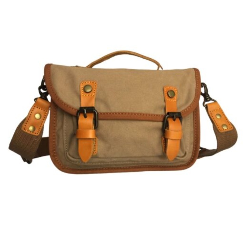 Vivace- 100% Leather and Canvas CrossBody Bag  Kahki
