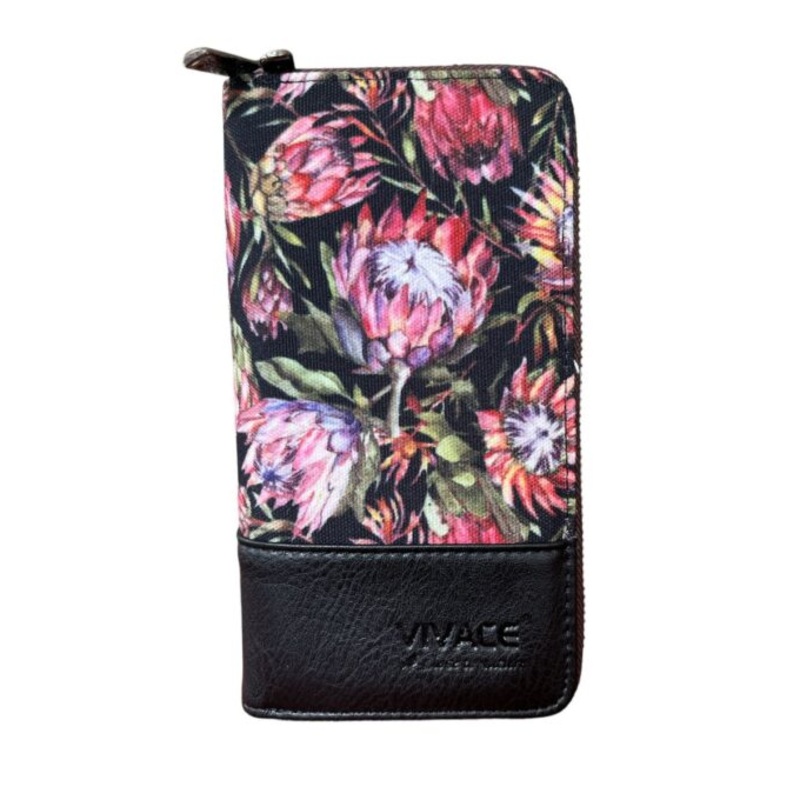Vivace Protea Printed Canvas Wallet  Black
