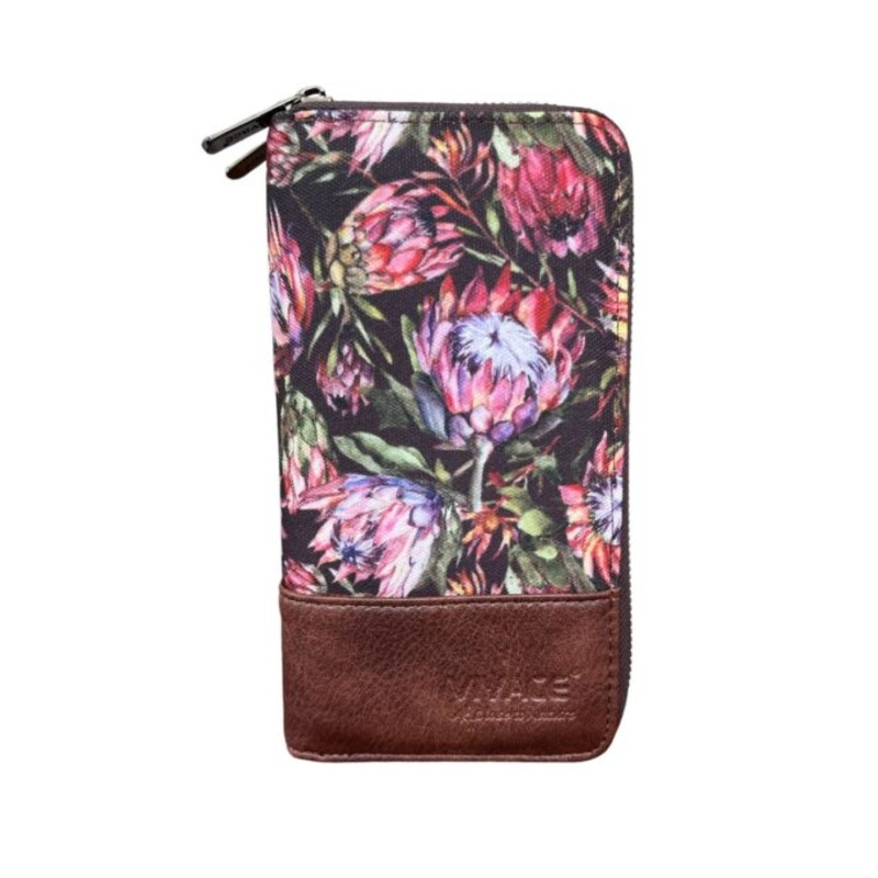 Vivace Protea Printed Canvas Wallet  Coffee