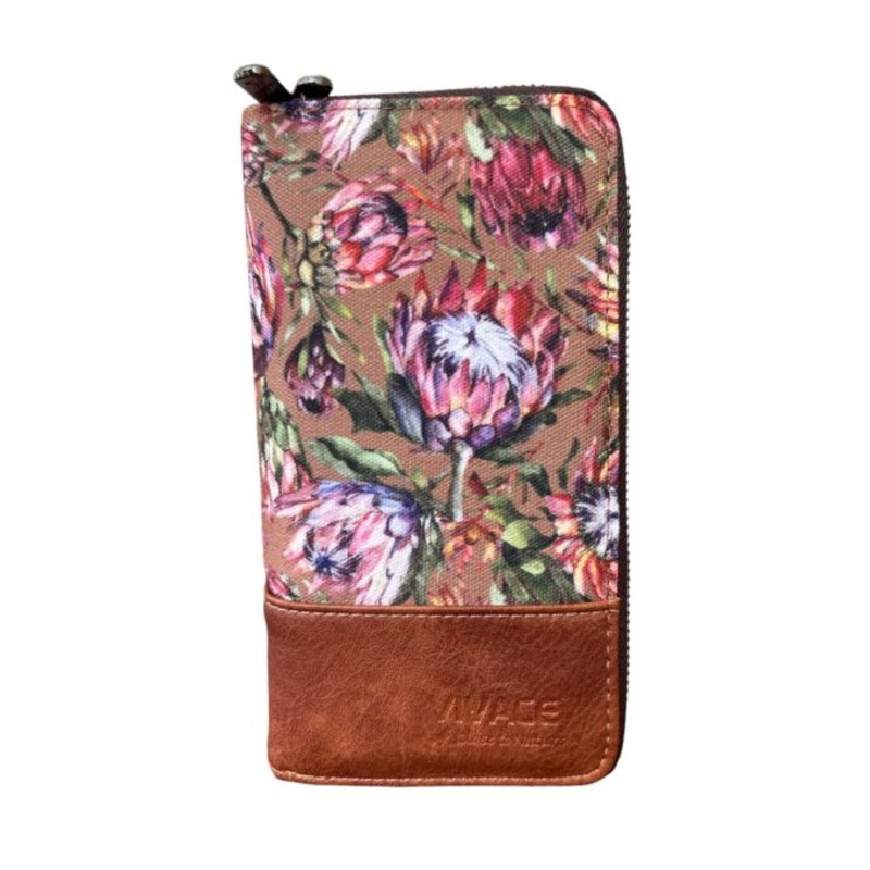 Vivace Protea Printed Canvas Wallet  Khaki