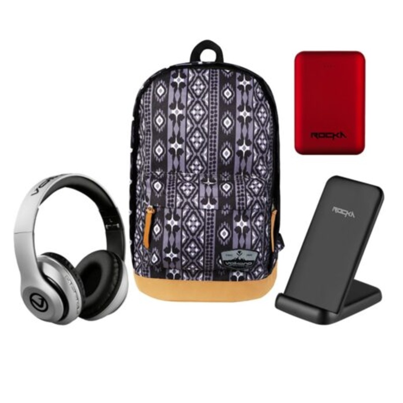 Volkano Suede Series Backpack with Headphones Charging Stand and Powerbank