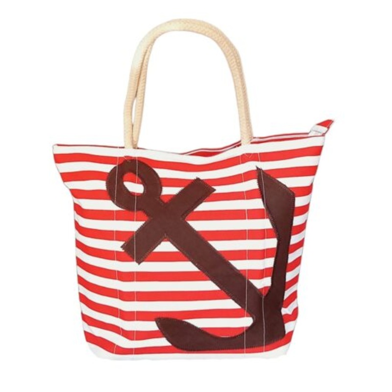 Vibrant Stripped Beach Bag Ship Anchor Design  Red
