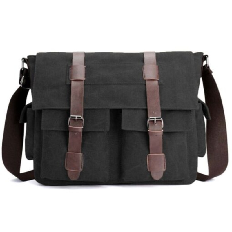 Vintage Military Canvas Messenger Crossbody Laptop Bag with Leather Trim  Black