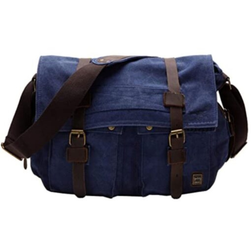Vintage Military Canvas Messenger Crossbody Laptop Bag with Leather Trim  Blue