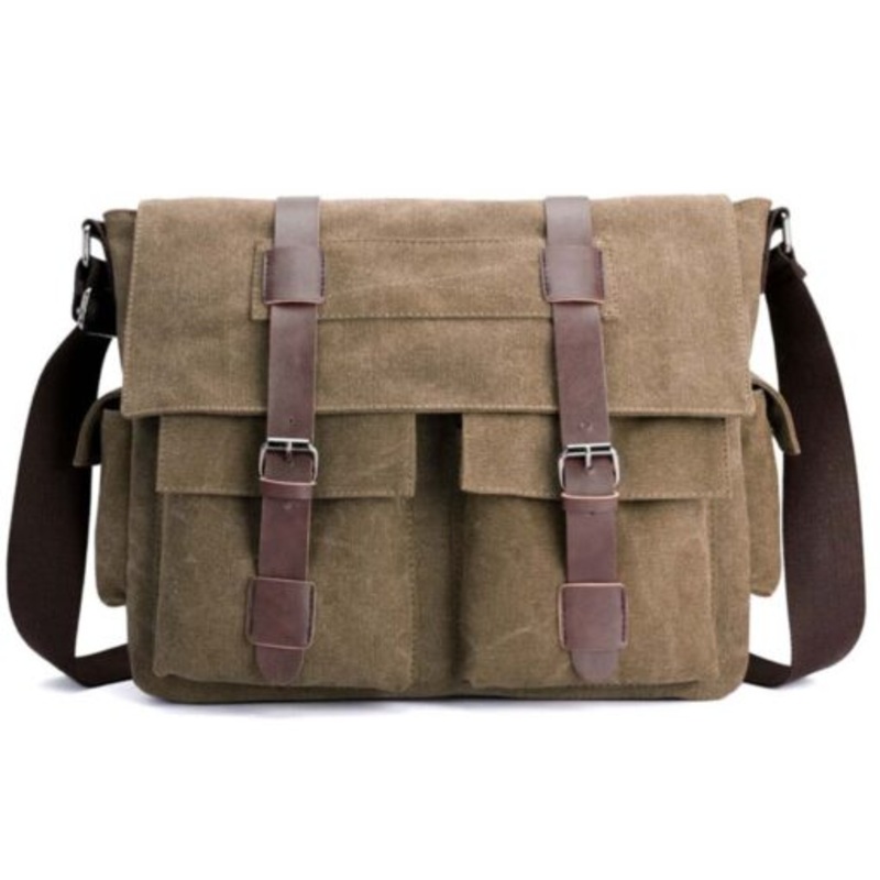Vintage Military Canvas Messenger Crossbody Laptop Bag with Leather Trim  Brown