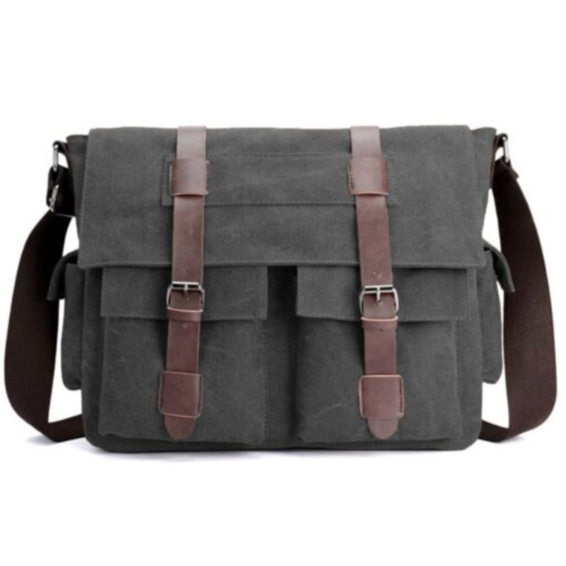 Vintage Military Canvas Messenger Crossbody Laptop Bag with Leather Trim  Grey