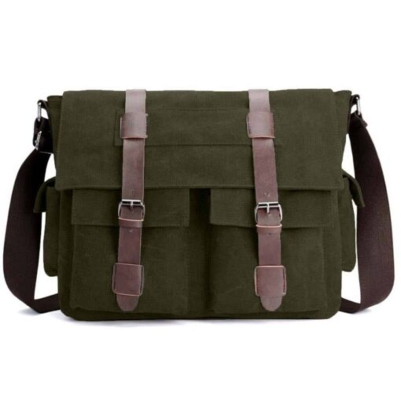 Vintage Military Canvas Messenger Crossbody Laptop Bag with Leather Trim  Olive