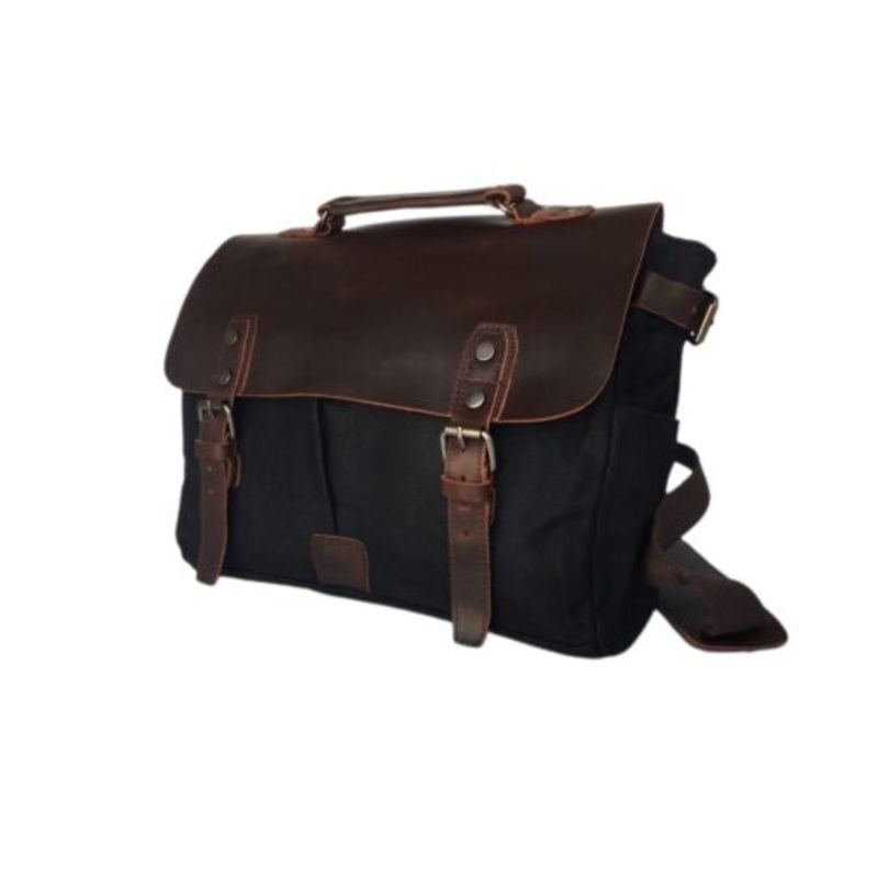 Vivace  100% Leather & Hard Canvas Laptop Bag  Black