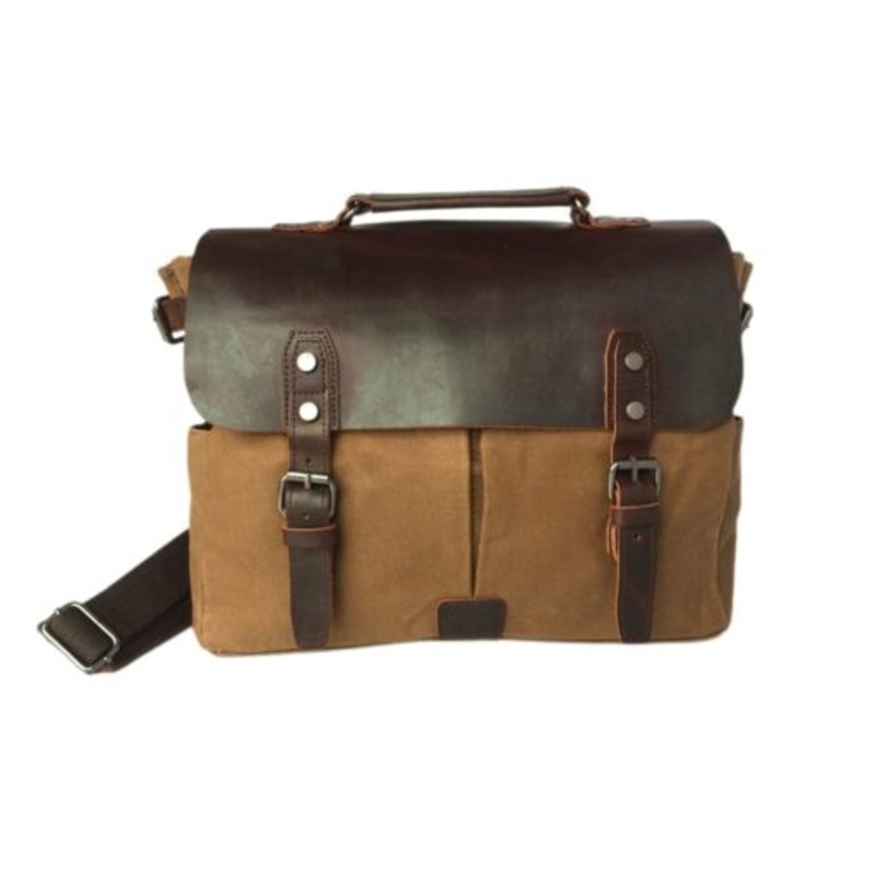 Vivace  100% Leather & Hard Canvas Laptop Bag  Khaki
