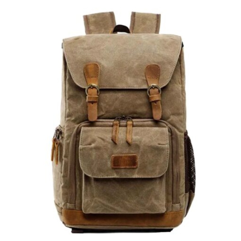 24L Hard Canvas Vintage Styled Waterproof Travel Camera Backpack  Light Brown