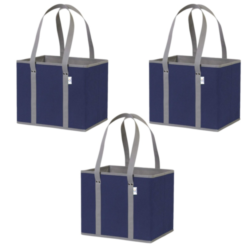 3 Pack Reusable Grocery Bags Large Tote Folding Shopping Bag  Navy Blue