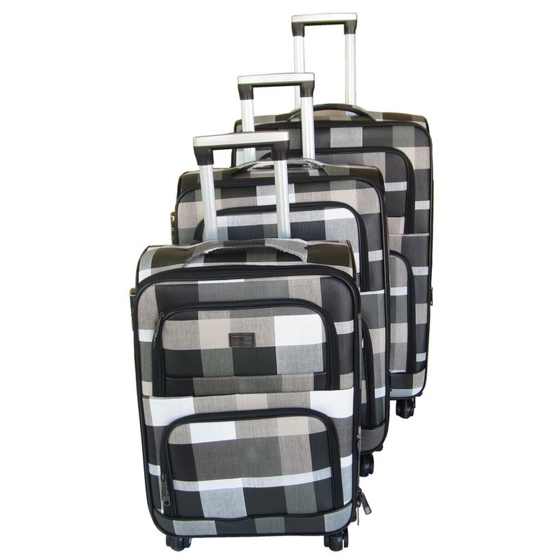 3 Piece Checkered  Art PU Leather Travel Luggage Bag Set  White & Black  White & Black