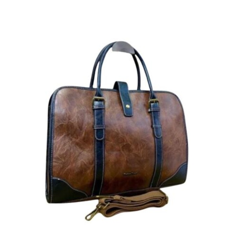 15 Double Buckle PU Leather Stylish Laptop Bag N116  Navy Blue
