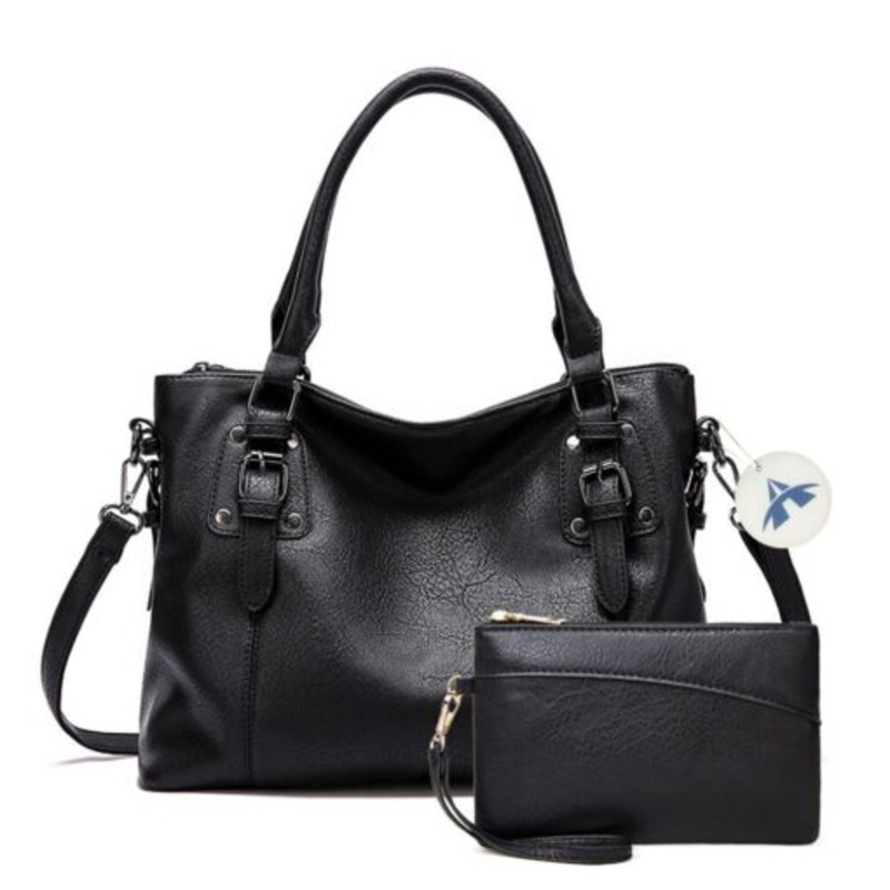 2-In-1 Multi-Pocket PU Leather Casual Shoulder Bag With Handbag  Black