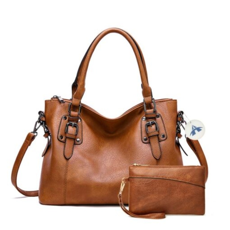 2-In-1 Multi-Pocket PU Leather Casual Shoulder Bag With Handbag  Brown