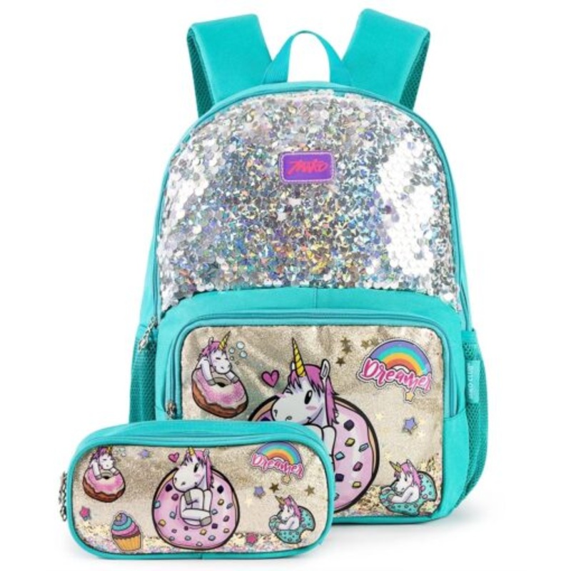 2 Pcs Set Cute Unicorn School Glitter Sequin Backpack  Green