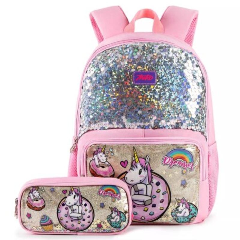 2 Pcs Set Cute Unicorn School Glitter Sequin Backpack  Pink