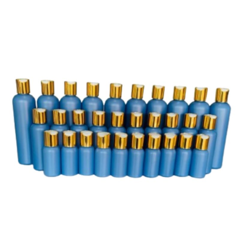 10 x Blue 50ml 100ml & 250ml HDPE Bottles with Gold + White Flip Caps