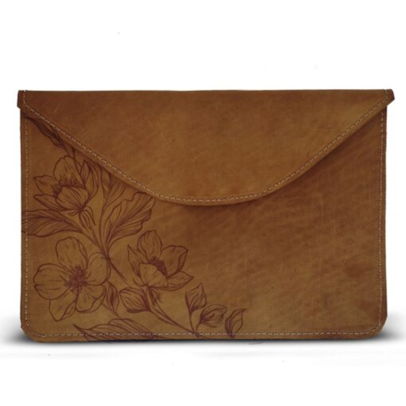 13 Inch Genuine Leather Laptop Sleeve  Floral  Pecan