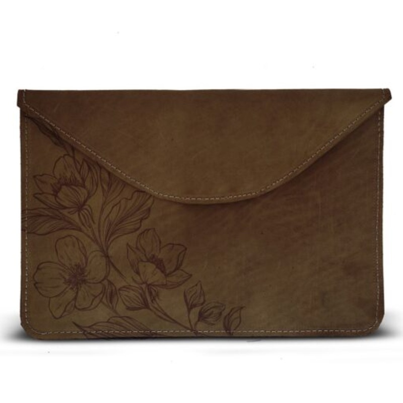 15 Inch Genuine Leather Laptop Sleeve  Floral  Saddle Brown